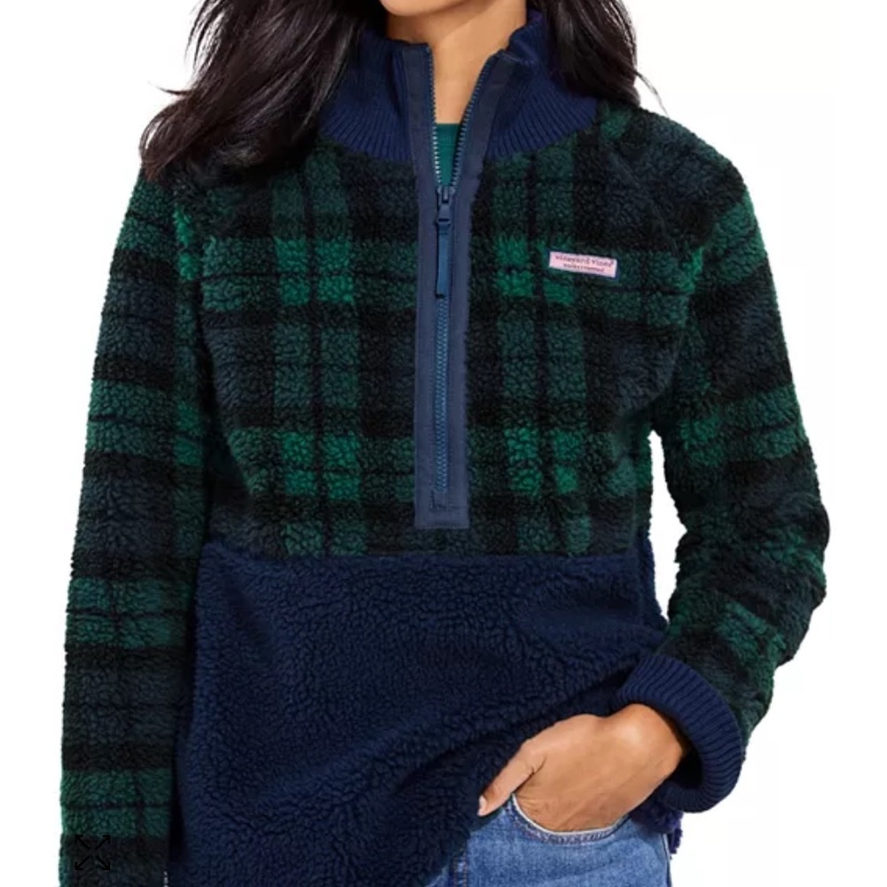 Vineyard Vines Blackwatch Sherpa Half Zip Pullover in BlueGreen Plaid Women’s XL